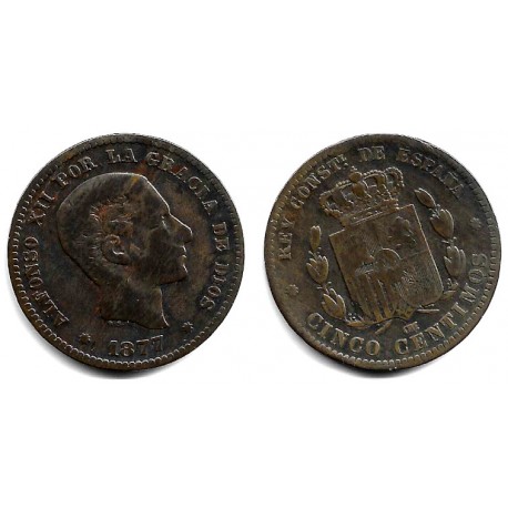 Alfonso XII. 1877. 5 Céntimos (BC+/BC) Ceca de Barcelona OM