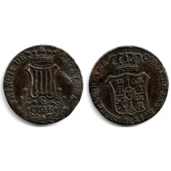 Isabel II. 1841. 6 Cuartos (BC) Ceca de Cataluña. Leve doblez del cuño