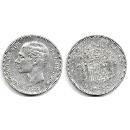 Alfonso XII. 1877*(18-77). 5 Pesetas (MBC) (Plata) Ceca de Madrid DE-M