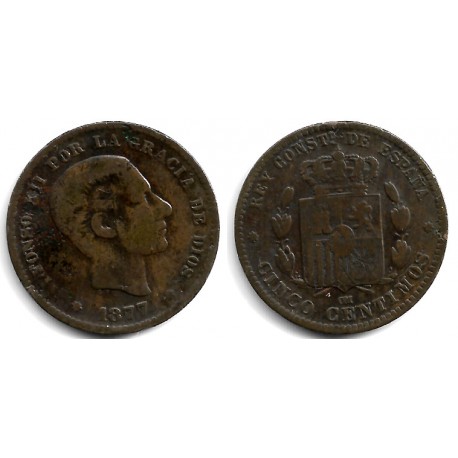 Alfonso XII. 1877. 5 Céntimos (BC/BC-) Ceca de Barcelona OM