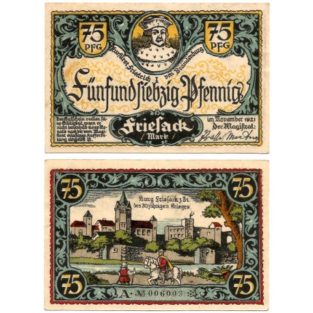 Friesack (Brandeburgo). 1921. 75 Pfennig (EBC+)
