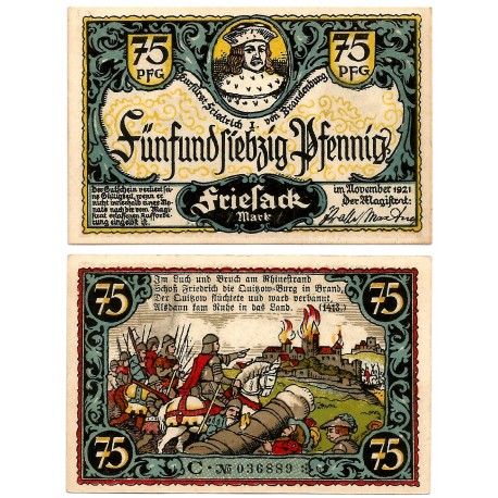 Friesack (Brandeburgo). 1921. 75 Pfennig (EBC+)