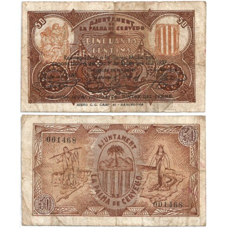 La Palma de Cervelló. 1937. 50 Céntimos (BC+/BC) Leves roturas