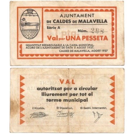 Caldes de Malavella. 1937. 1 Peseta (MBC)