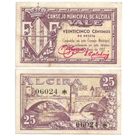 Alcira. 1937. 25 Céntimos (EBC/EBC+) Serie A