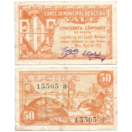 Alcira. 1937. 50 Céntimos (MBC+/EBC-) Sin Serie