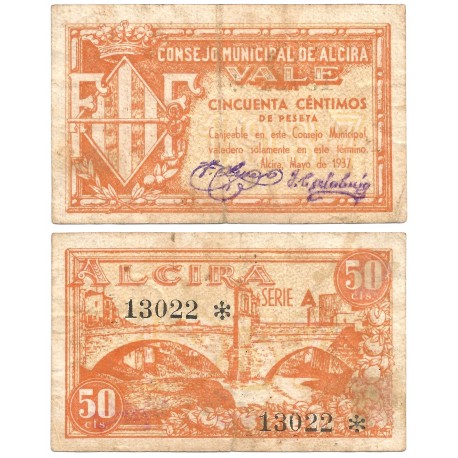 Alcira. 1937. 50 Céntimos (MBC-/MBC) Serie A
