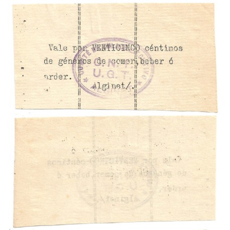Alginet (Comité de Enlace Ejecutivo, CNT-UGT). 1937. 25 Céntimos (EBC/EBC+)