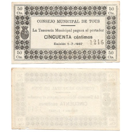 Tous. 1937. 50 Céntimos (EBC) Sin Sello. Pequeña rotura