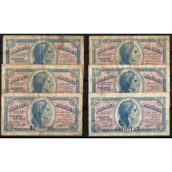 España (II República). 1938. Lote de 6 Billetes de 50 Céntimos (BC)