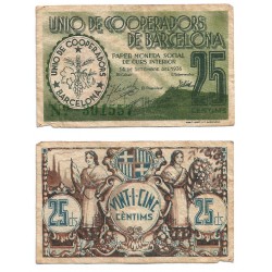 Unió de Cooperadors de Barcelona. 1936. 25 Céntimos (BC/BC+)