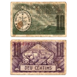 Unió de Cooperadors de Barcelona. 1936. 10 Céntimos (BC) Mancha