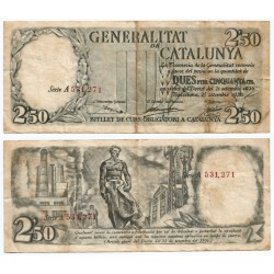 Generalitat de Catalunya. 1936. 2,50 Pesetas (MBC-/BC+) Serie A. Manchas