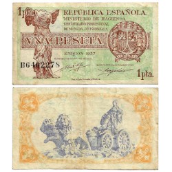 España (II República). 1937. 1 Peseta (MBC) Serie B. Leve rotura margen izquierdo
