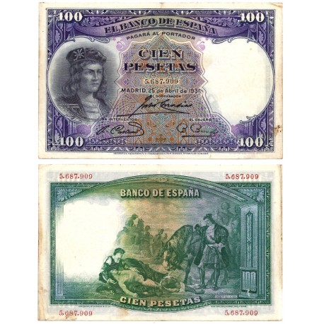 España. 1931. 100 Pesetas (MBC-) Sin Serie. Leves manchas