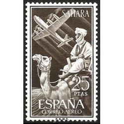 Sahara Español. 1961. 25 Pesetas (Nuevo, con señal de fijasellos) Indigena y Avión