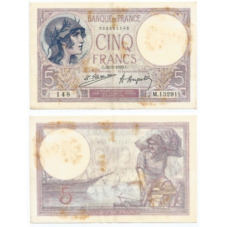 (72c) Francia. 1923. 5 Francs (MBC+/EBC-) Manchas