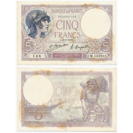 (72c) Francia. 1923. 5 Francs (EBC) Manchas