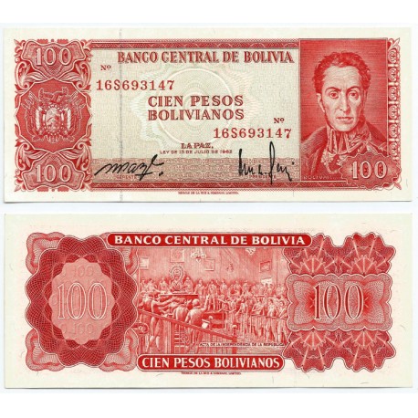 (164A) Bolivia. 1962. 100 Pesos (SC)