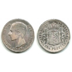 Alfonso XII. 1876*(18-76). 1 Peseta (BC/BC-) (Plata) Ceca de Madrid DE-M. Resello de estrella