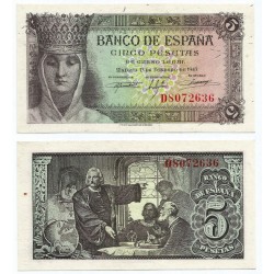 Estado Español. 1943. 5 Pesetas (SC-) Serie D. Pequeña mancha en reverso
