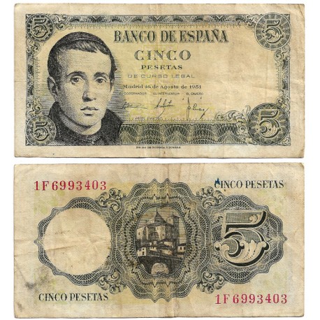 Estado Español. 1951. 5 Pesetas (BC/BC+) Serie 1F. Pequeña mancha