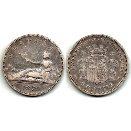 Gobierno Provisional. 1870*(-8-70). 5 Pesetas (MBC-) (Plata) Ceca de Madrid SN-M
