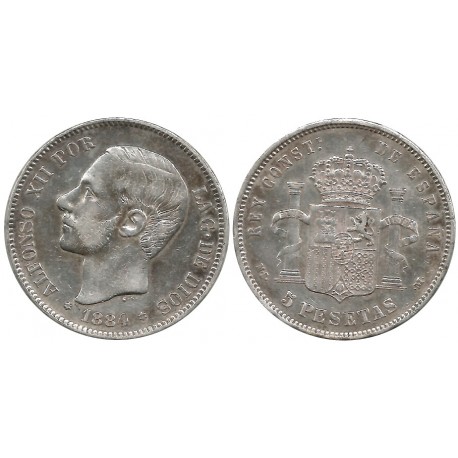 Alfonso XII. 1884*(18-84). 5 Pesetas (MBC-/BC+) (Plata) Ceca de Madrid MS-M