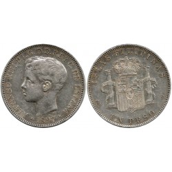 Alfonso XIII. 1897. 1 Peso (MBC-) (Plata) Ceca de Manila SG-V