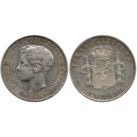 Alfonso XIII. 1897. 1 Peso (MBC-) (Plata) Ceca de Manila SG-V