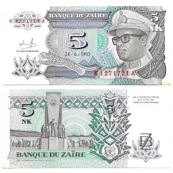 (48) Zaire. 1993. 5 Nouveaux Makuta (EBC) Esquina manchada