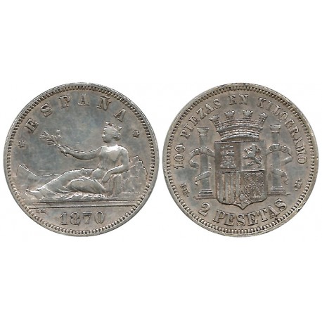 Gobierno Provisional. 1870*(18-73). 2 Pesetas (MBC) (Plata) Ceca de Madrid DE-M