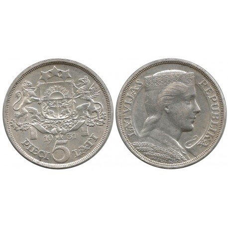 (9) Letonia. 1931. 5 Lati (EBC) (Plata)
