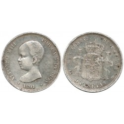 Alfonso XIII. 1891*(18-91). 5 Pesetas (BC) (Plata) Ceca de Madrid PG-M