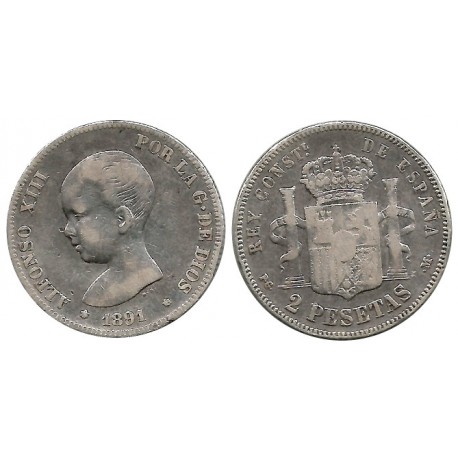 Alfonso XIII. 1891*(-----). 2 Pesetas (BC) (Plata) Ceca de Madrid PG-M