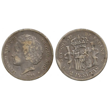Alfonso XIII. 1894*(1----). 2 Pesetas (BC) (Plata) Ceca de Madrid PG-V. Golpe en el canto