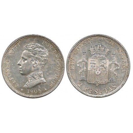 Alfonso XIII. 1905*(19-05). 2 Pesetas (EBC+) (Plata) Ceca de Madrid SM-V
