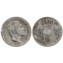 Alfonso XII. 1881. 20 Centavos de Peso (BC/BC-) (Plata) Ceca de Manila. Dañada