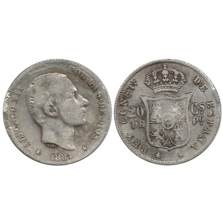 Alfonso XII. 1881. 20 Centavos de Peso (BC/BC-) (Plata) Ceca de Manila. Dañada
