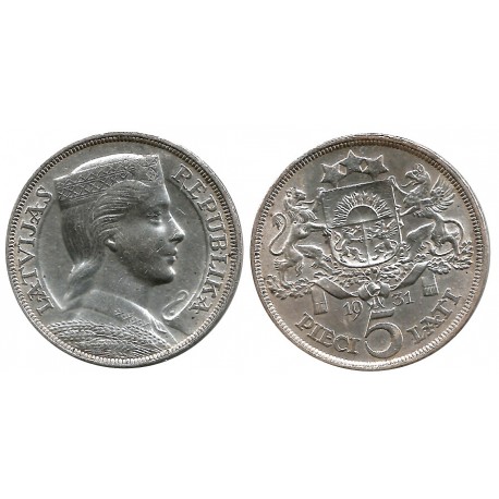 (9) Letonia. 1931. 5 Lati (EBC) (Plata)