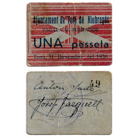 Torà de Riubregós. 1936. 1 Peseta (MBC/MBC-)