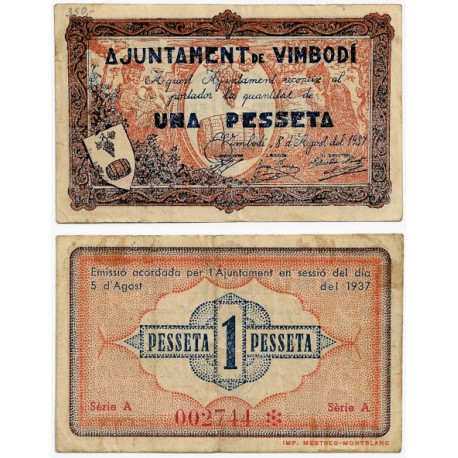 Vimbodí. 1937. 1 Peseta (MBC+/MBC)