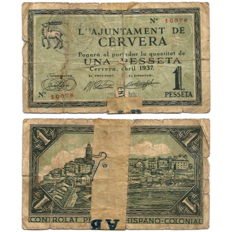 Cervera. 1937. 1 Peseta (RC+) Roturas y Adhesivo