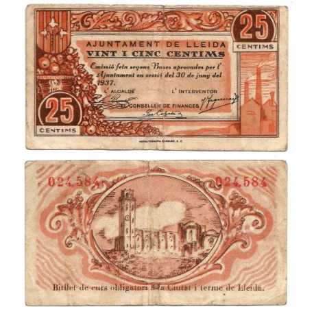 Lleida. 1937. 25 Céntimos (BC+) Rotura