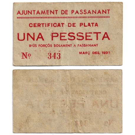 Passanant. 1937. 1 Peseta (MBC) Pequeños agujeros