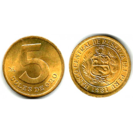 (271) Perú. 1981. 5 Soles de Oro (SC) Defecto de Acuñación, Reverso Girado