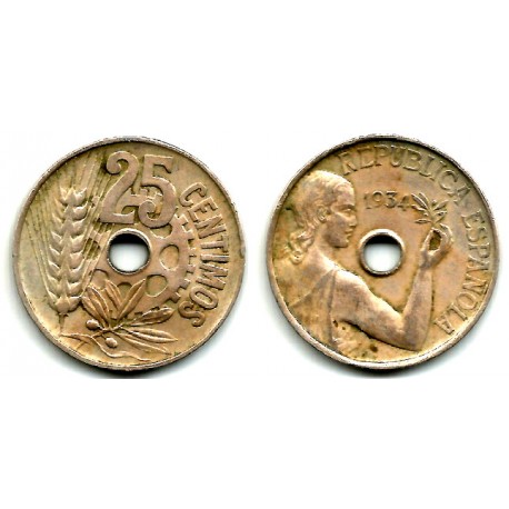 España (II República). 1934. 25 Céntimos (BC+)