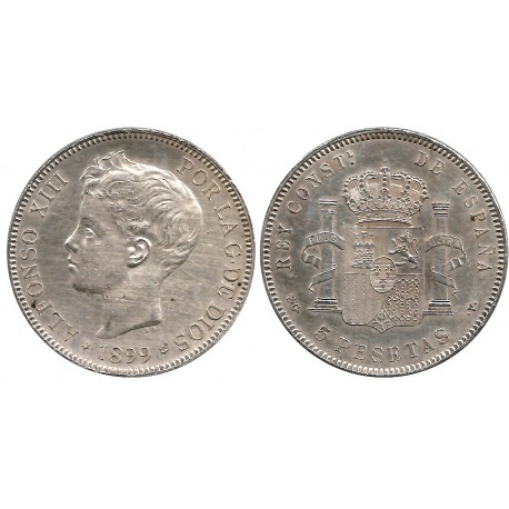 Alfonso XIII. 1899*(18-99). 5 Pesetas (MBC-) (Plata) Ceca de Madrid SG-V