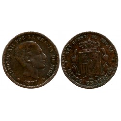 Alfonso XII. 1877. 5 Céntimos (BC/BC+) Ceca de Barcelona OM