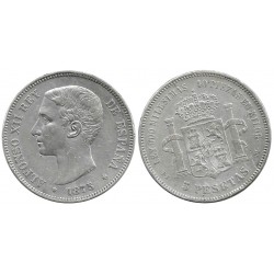 Alfonso XII. 1875*(---75). 5 Pesetas (BC+/MBC-) (Plata) Ceca de Madrid DE-M